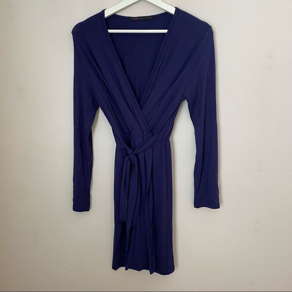 Fraiche by J Dress Wrap Long Sleeve Blue Casual Comfy Neutral Trendy Dinner Date
